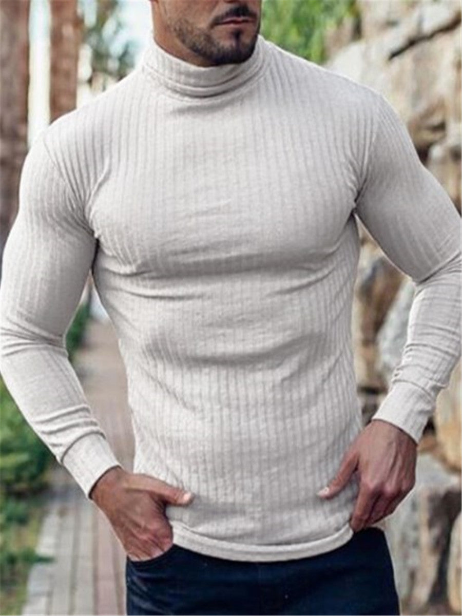 LONGBIDA Turtleneck Thin Sweaters Mens Casual Roll Neck Solid Strips Slim Fit