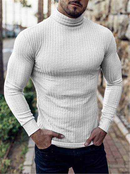 LONGBIDA Turtleneck Thin Sweaters Mens Casual Roll Neck Solid Strips Slim Fit