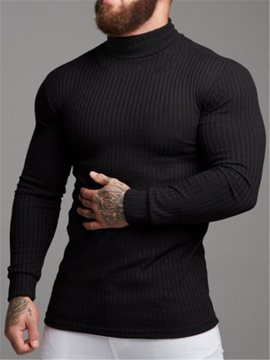LONGBIDA Turtleneck Thin Sweaters Mens Casual Roll Neck Solid Strips Slim Fit