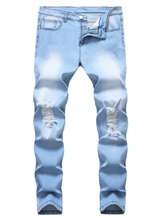 LONGBIDA Slim Stretch Light Blue Jeans Hole Ripped Denim Casual Pants