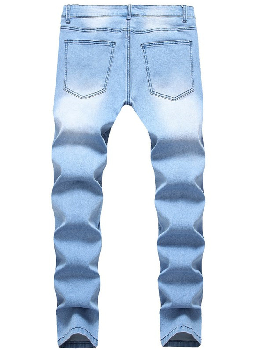 LONGBIDA Slim Stretch Light Blue Jeans Hole Ripped Denim Casual Pants