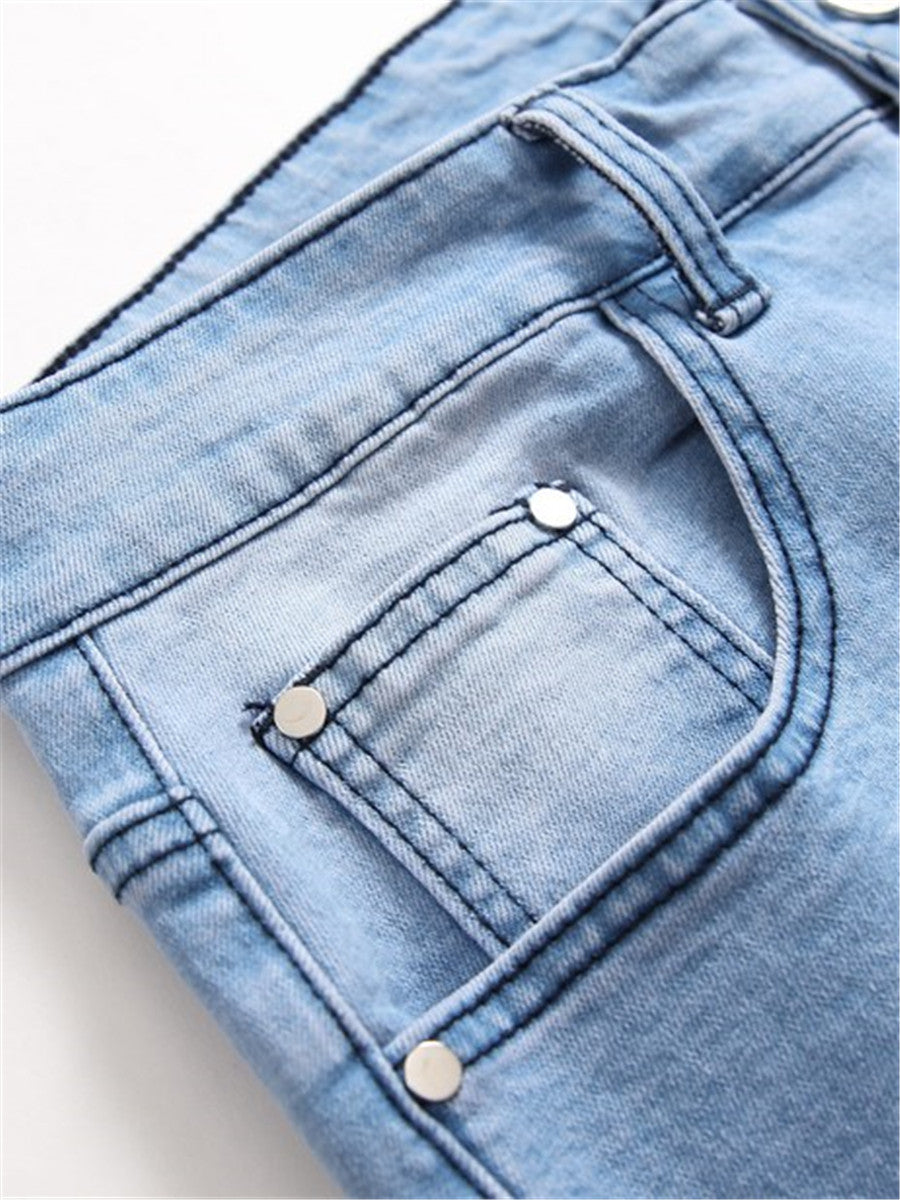 LONGBIDA Slim Stretch Light Blue Jeans Hole Ripped Denim Casual Pants