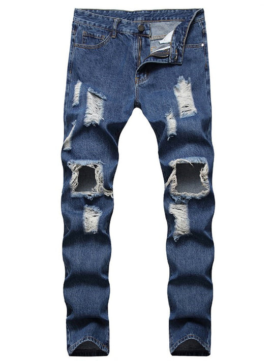 LONGBIDA Men Slim Blue Jeans Hole Ripped Beggar Style Street Fashion