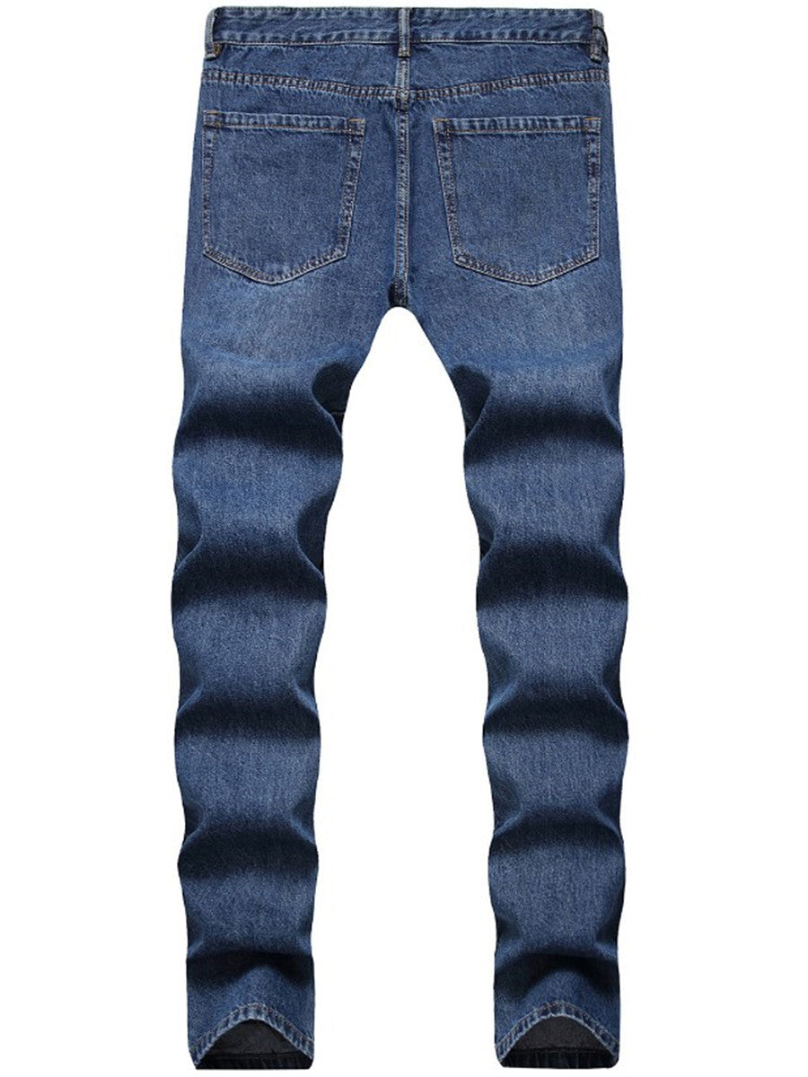 LONGBIDA Men Slim Blue Jeans Hole Ripped Beggar Style Street Fashion