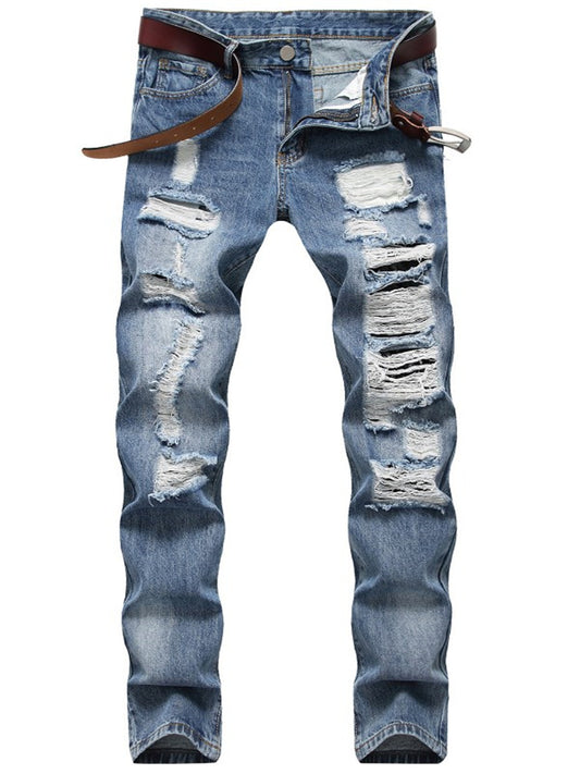 LONGBIDA Men Slim Beggar Style Blue Jeans Hole Ripped Street Fashion