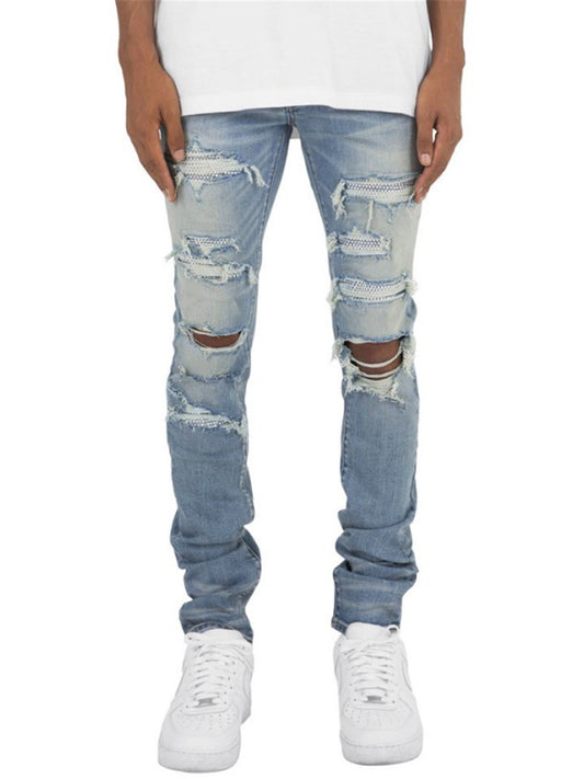 LONGBIDA Mens Ripped Crystal Jeans Distressed Fashion High Street Skinny Stretch