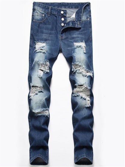 LONGBIDA Streetwear Men Jeans Blue Color Destroyed Ripped Beggar Jeans