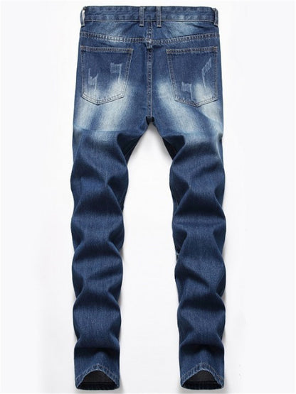 LONGBIDA Streetwear Men Jeans Blue Color Destroyed Ripped Beggar Jeans