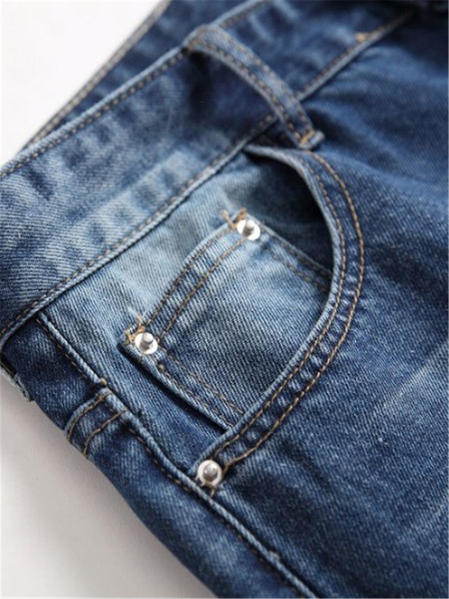 LONGBIDA Streetwear Men Jeans Blue Color Destroyed Ripped Beggar Jeans