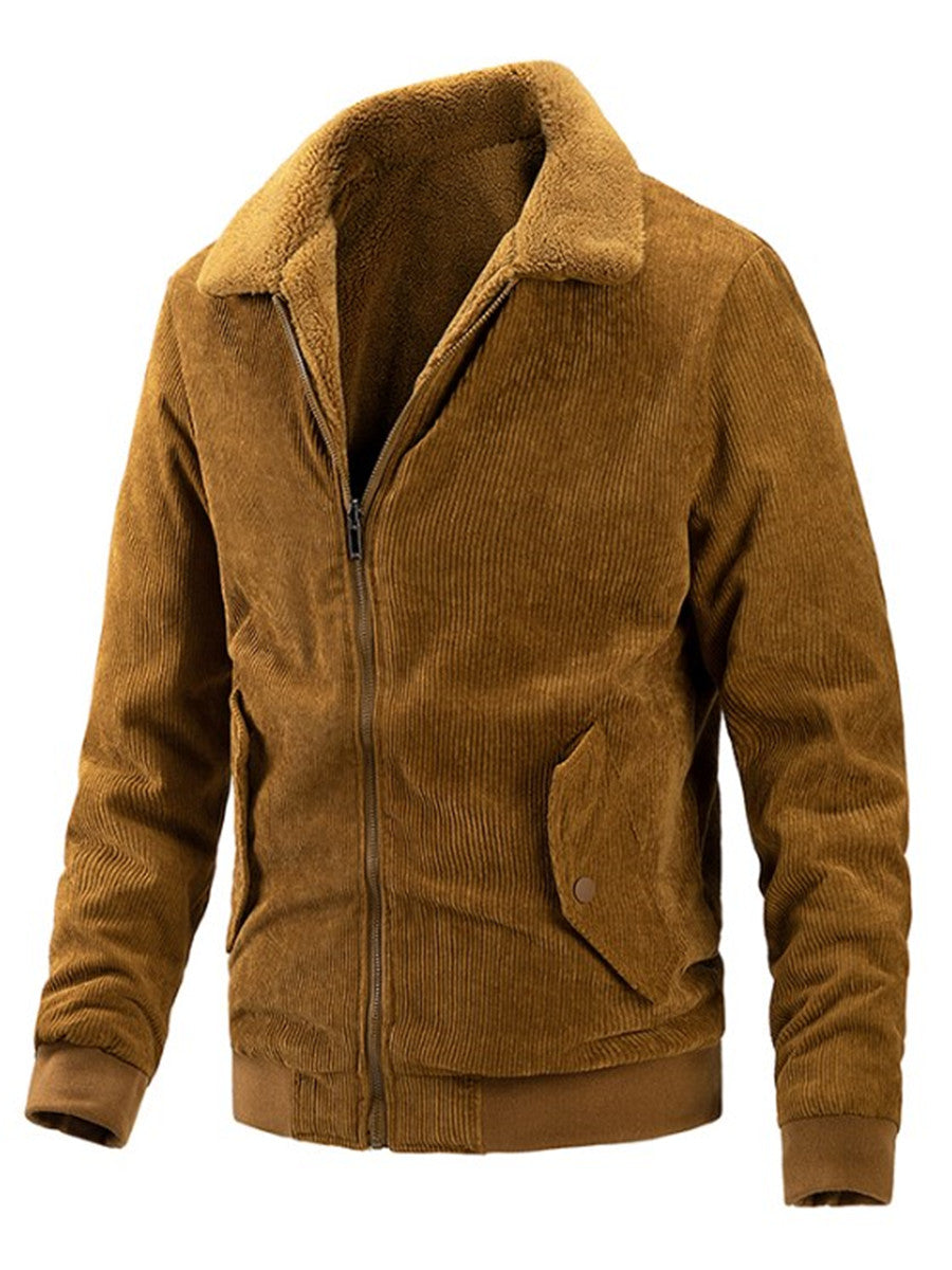 LONGBIDA Corduroy Jackets Men Casual Turn-down Collar Solid Color Warm
