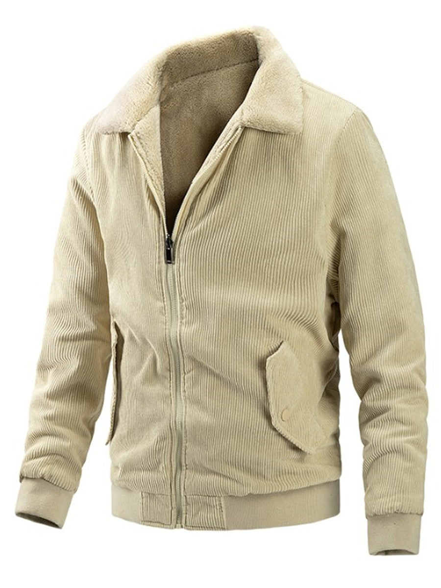 LONGBIDA Corduroy Jackets Men Casual Turn-down Collar Solid Color Warm