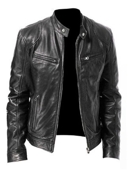 LONGBIDA Men Slim PU Leather Jackets Motorcycle Moto Biker Outwear