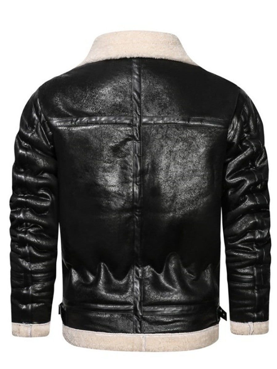 LONGBIDA Mens Faux Leather Jacket Fur Collar Casual Velvet Motorcycle