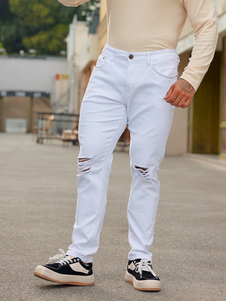 LONGBIDA Skinny Mens Ripped Jeans Distressed White Slim Pants