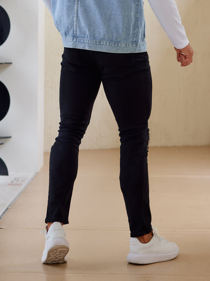 LONGBIDA Mens Slim Straight Ripped Jeans Zipper Fold Black Fashion
