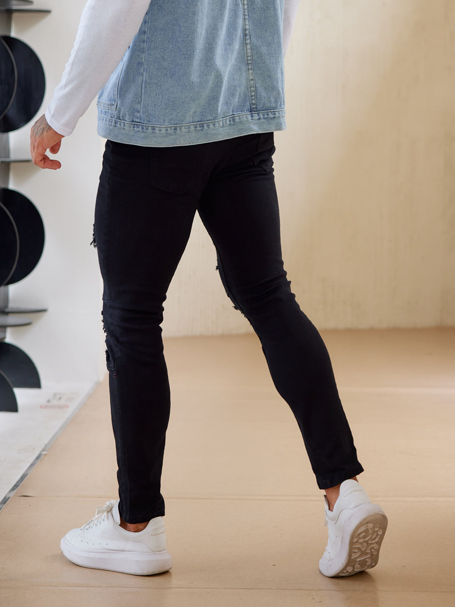 LONGBIDA Mens Slim Straight Ripped Jeans Zipper Fold Black Fashion
