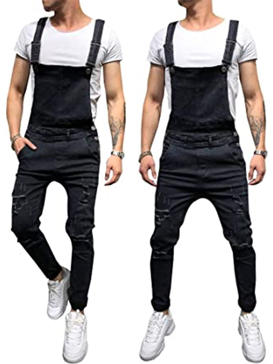 LONGBIDA Overalls Fashion Slim Fit with Pockets Men Denim Jumpsuit