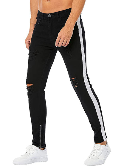 LONGBIDA Striped Ankle Zipper Pencil Pants Men Ripped Jeans Sale Slim Skinny