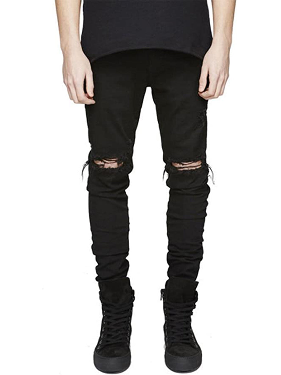 LONGBIDA Fashion Ripped Jeans Skinny Solid Color Casual Retro Men