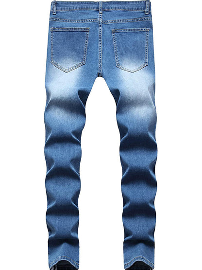 LONGBIDA Destroyed Striped Ankle Zipper Pants Men Ripped Jeans Slim Skinny