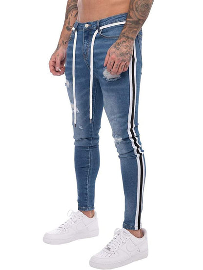 LONGBIDA Destroyed Striped Ankle Zipper Pants Men Ripped Jeans Slim Skinny