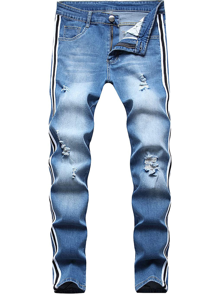 LONGBIDA Destroyed Striped Ankle Zipper Pants Men Ripped Jeans Slim Skinny