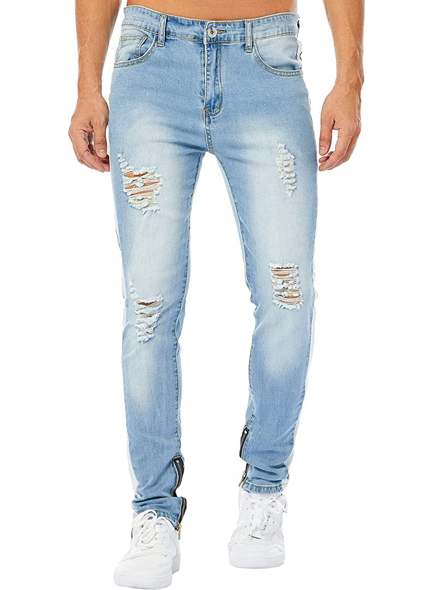 LONGBIDA Striped Ankle Zipper Pencil Pants Men Ripped Jeans Sale Slim Skinny