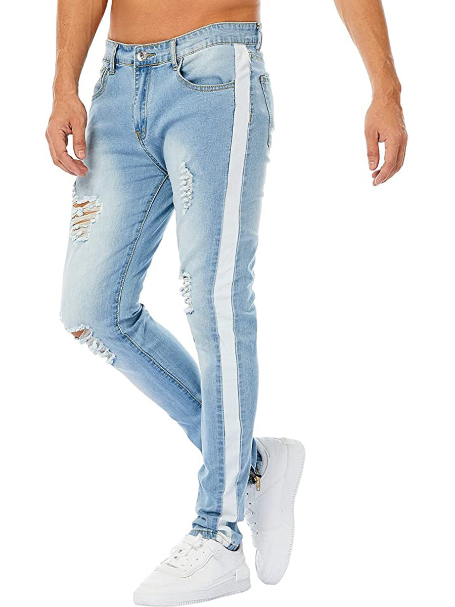 LONGBIDA Striped Ankle Zipper Pencil Pants Men Ripped Jeans Sale Slim Skinny