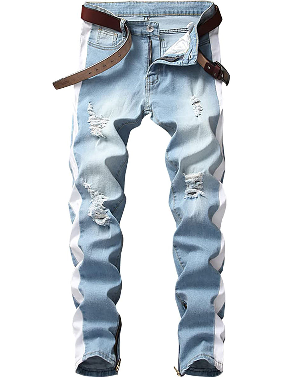 Baocc jeans for men ripped jeans Men's Casual Pant Leg Zipper Stripe  Classic Style High Stretch Tight Hole Small Leg Jeans Light Blue 
