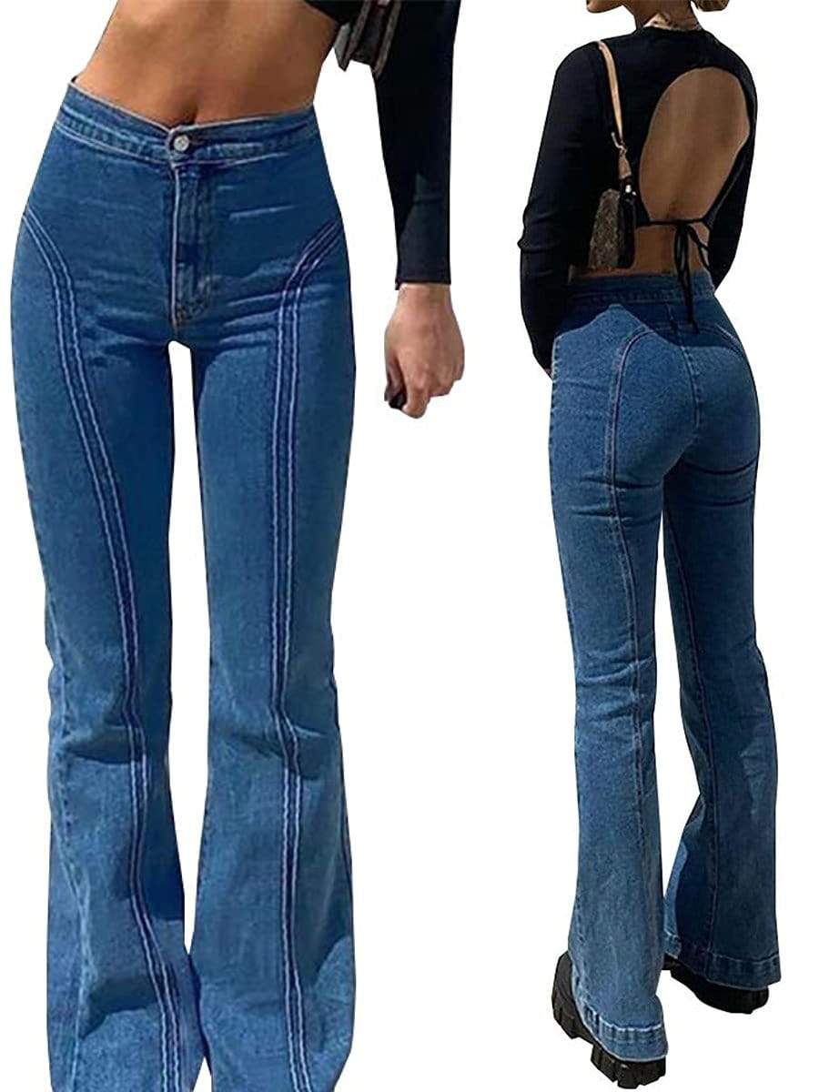 LONGBIDA Bell Bottom Jeans High Waisted Pull On Skinny Straight Fit For Women