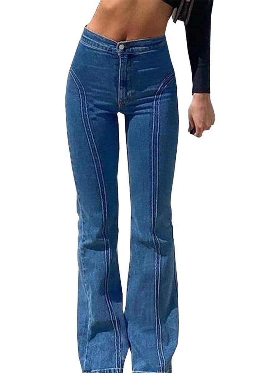 Blue / S LONGBIDA Bell Bottom Jeans High Waisted Pull On Skinny Straight Fit For Women