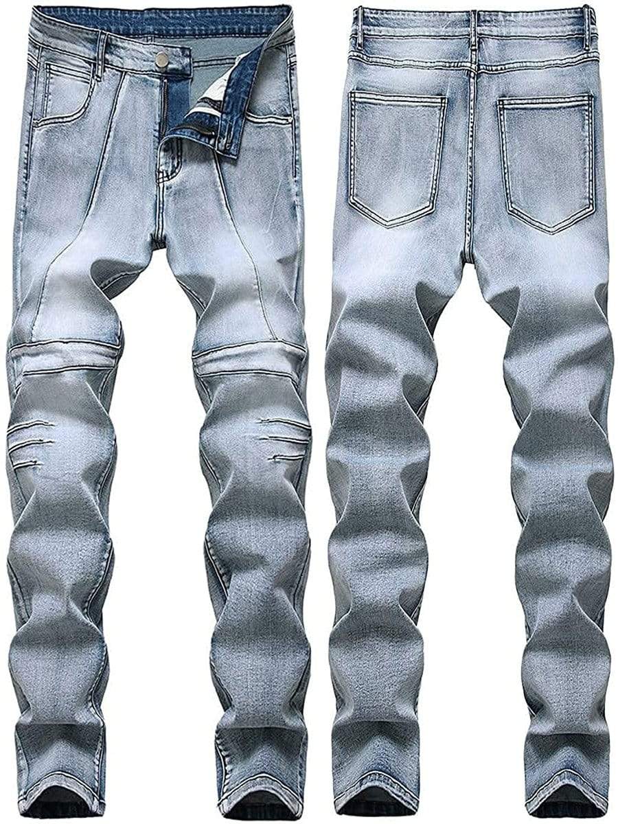LONGBIDA Biker Jeans Skinny Slim Fashion Distressed Tapered Leg Pants For Men