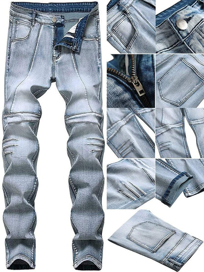 LONGBIDA Biker Jeans Skinny Slim Fashion Distressed Tapered Leg Pants For Men