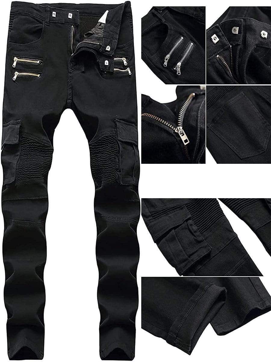 LONGBIDA Biker Jeans Slim fit Skinny with Multi Pockets For Men