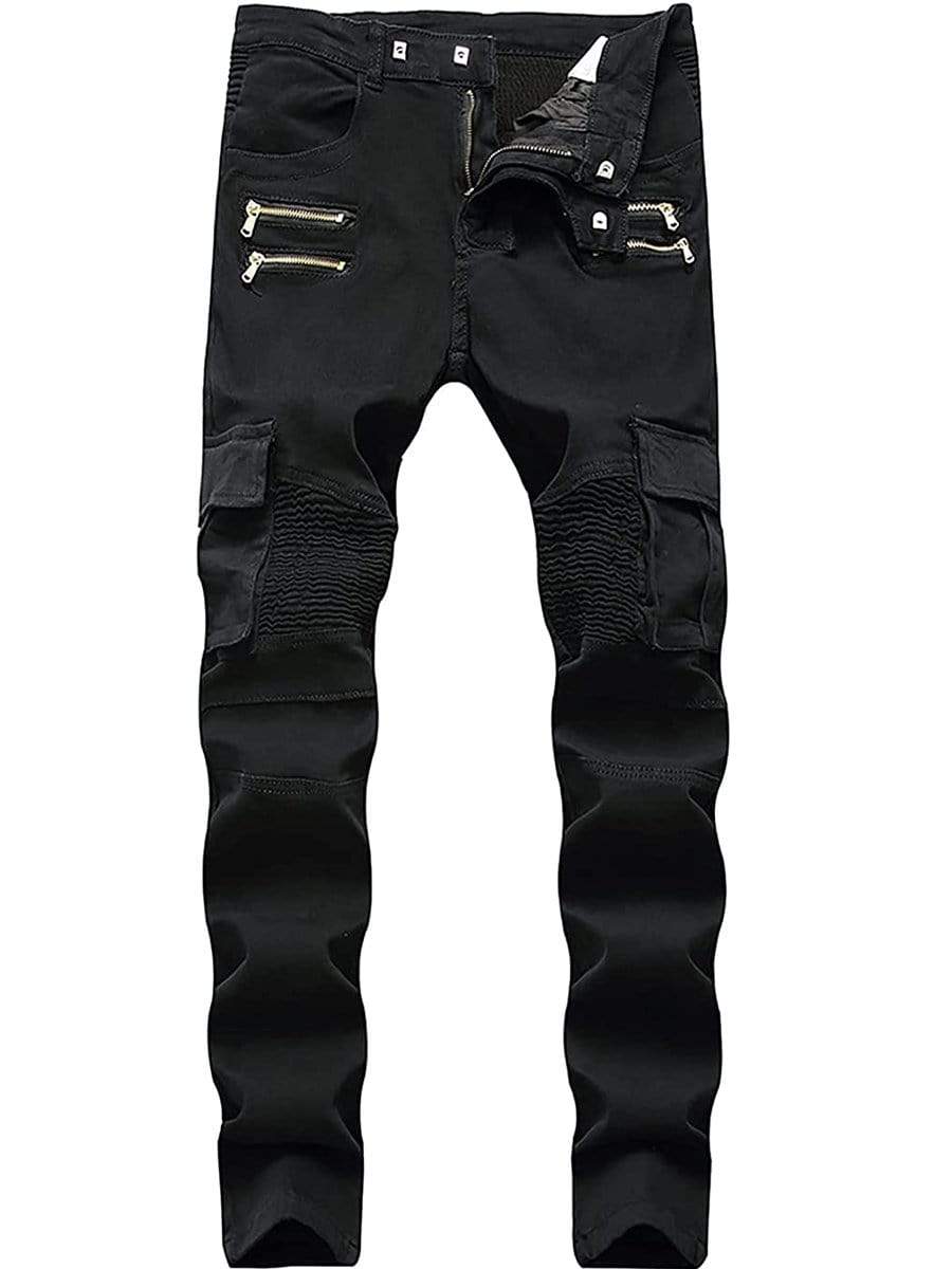Black / 34 LONGBIDA Biker Jeans Slim fit Skinny with Multi Pockets For Men