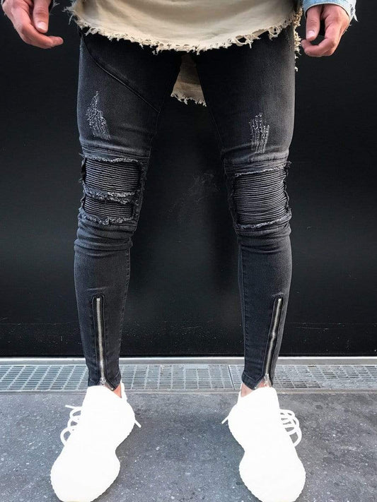 Dark Gray / 36 LONGBIDA Biker Jeans Zipper Skinny Stretch For Men