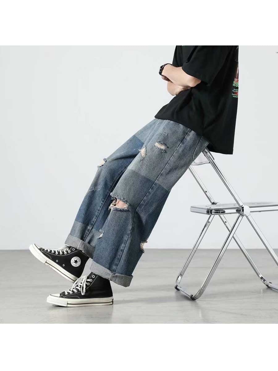 LONGBIDA Ripped Jeans Baggy Fashion Retro Streetwear Trousers For Men