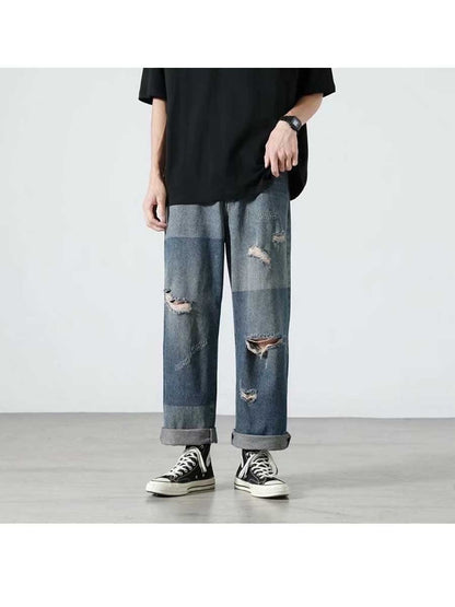 Blue / XL LONGBIDA Ripped Jeans Baggy Fashion Retro Streetwear Trousers For Men