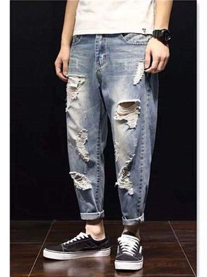 Blue / 30 LONGBIDA Ripped Jeans Baggy Fashion Street Style Washed For Men