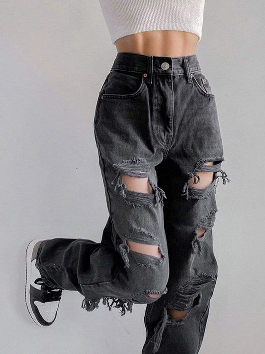 LONGBIDA Ripped Jeans Baggy Hollow Out Straight Trousers For Women