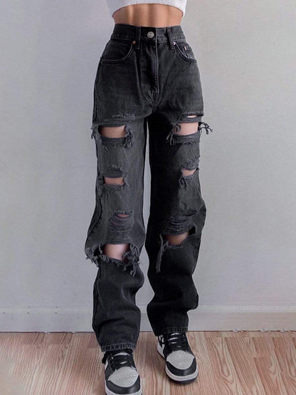 LONGBIDA Ripped Jeans Baggy Hollow Out Straight Trousers For Women