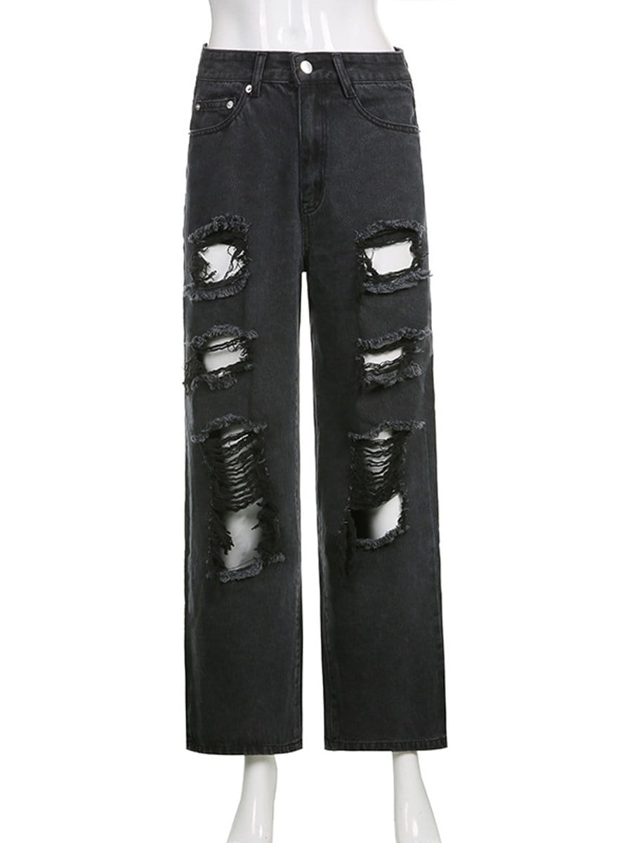 LONGBIDA Ripped Jeans Baggy Hollow Out Straight Trousers For Women