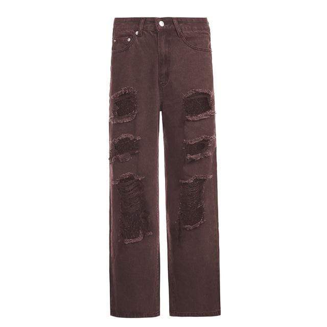 Brown / M LONGBIDA Ripped Jeans Baggy Hollow Out Straight Trousers For Women