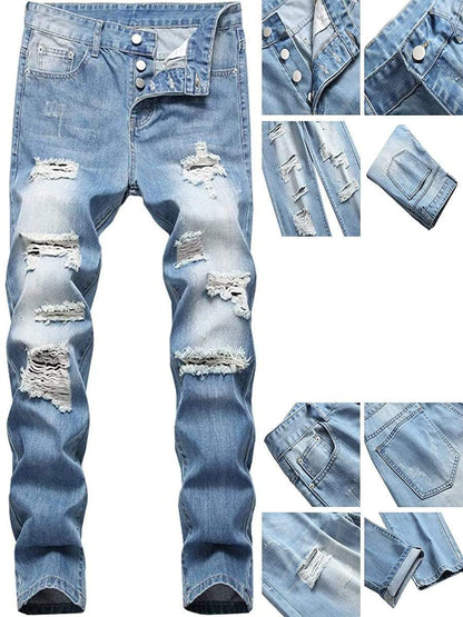 LONGBIDA Ripped Jeans Destroyed Straight Fit For Men