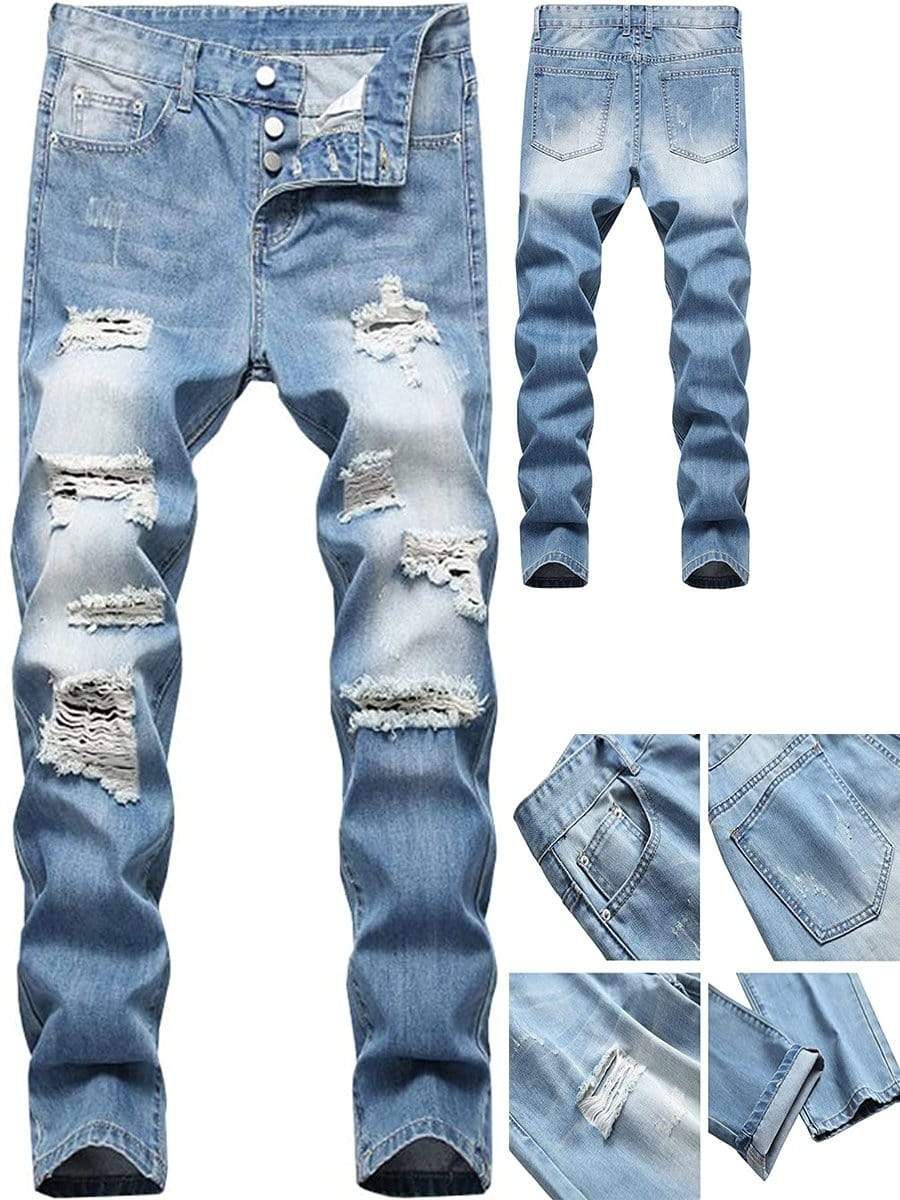 LONGBIDA Ripped Jeans Destroyed Straight Fit For Men