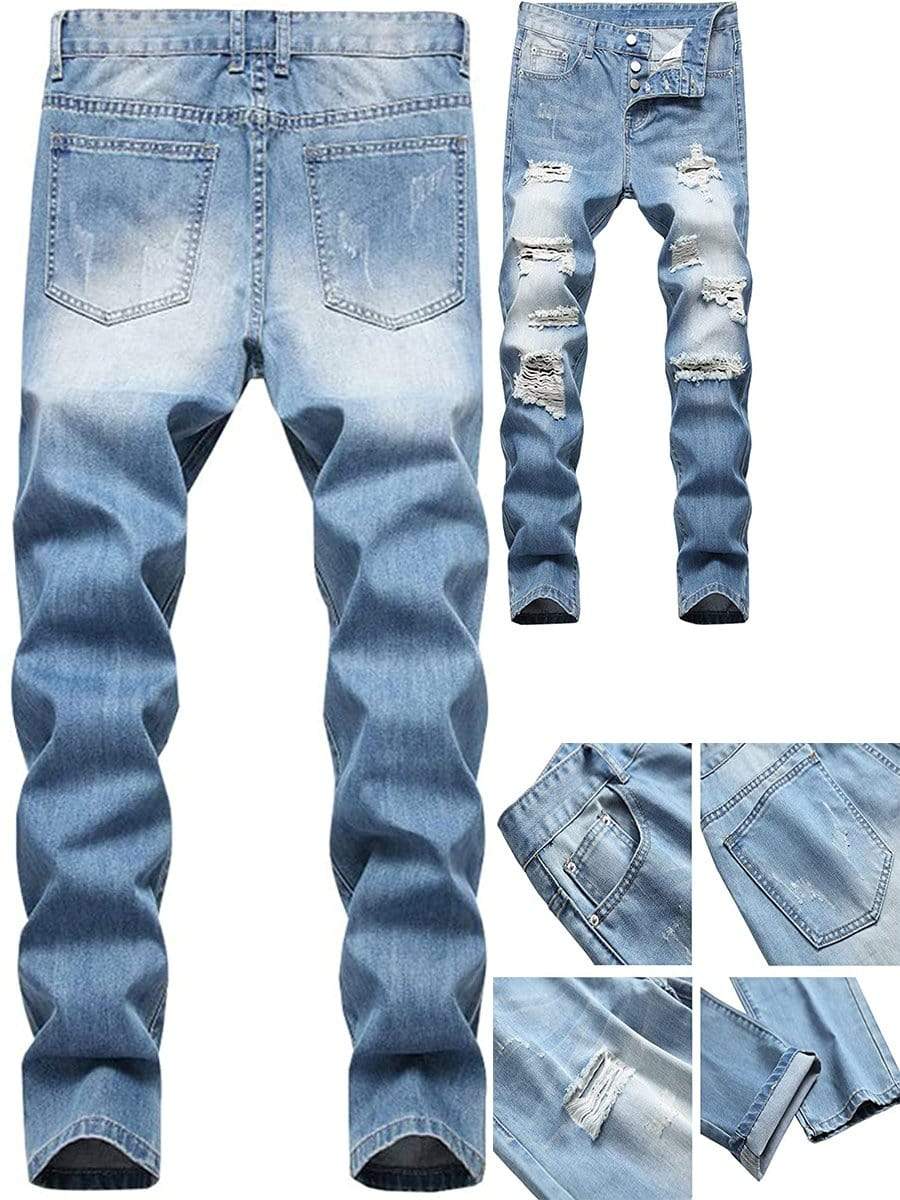 LONGBIDA Ripped Jeans Destroyed Straight Fit For Men