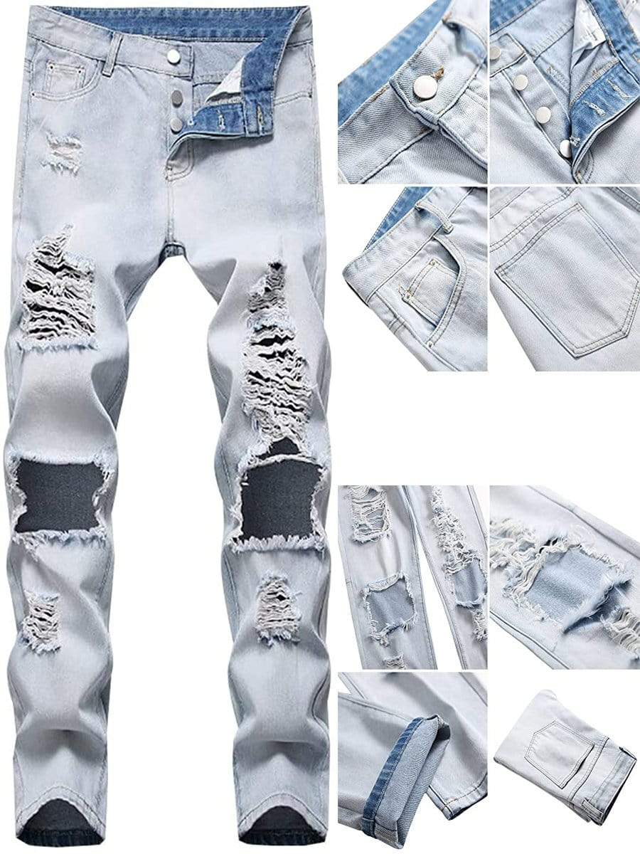 LONGBIDA Ripped Jeans Destroyed Straight Fit Washed For Men