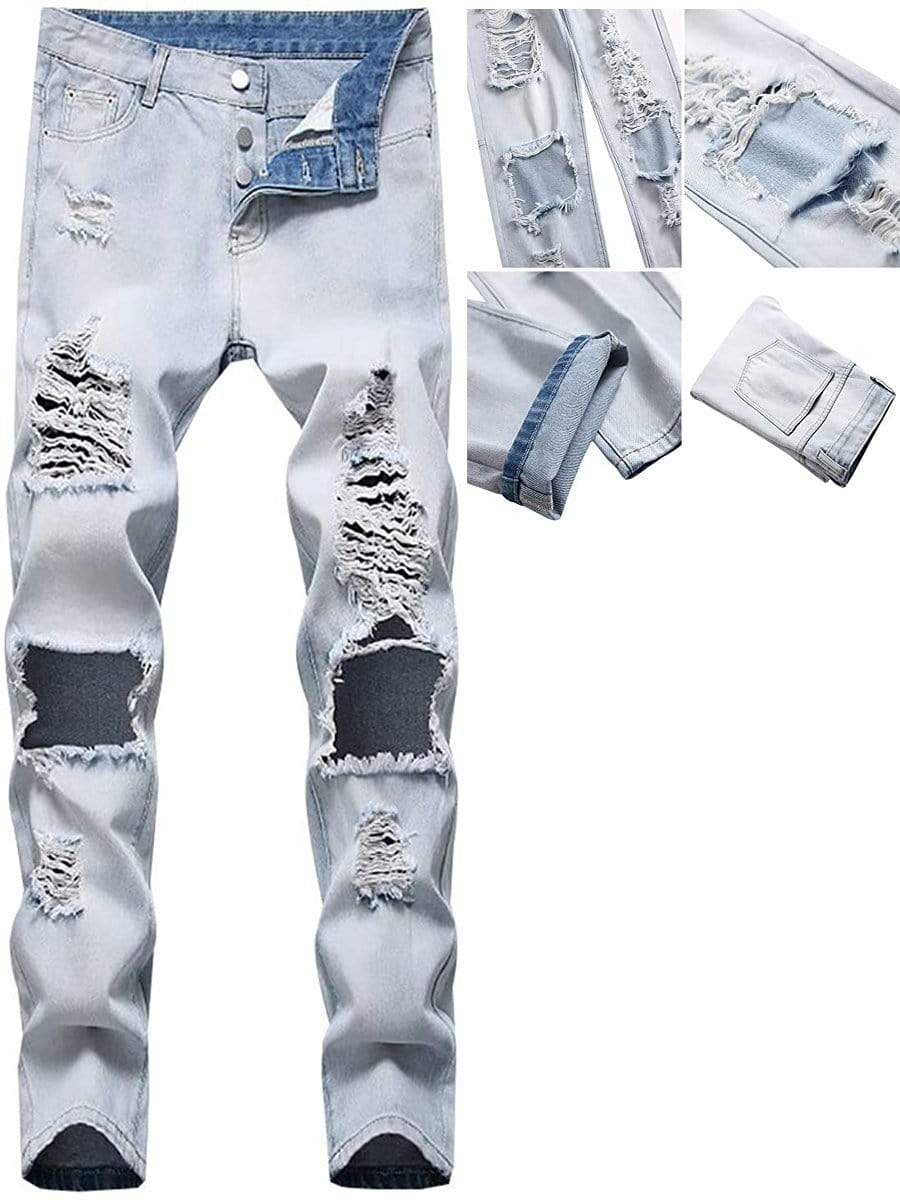 LONGBIDA Ripped Jeans Destroyed Straight Fit Washed For Men