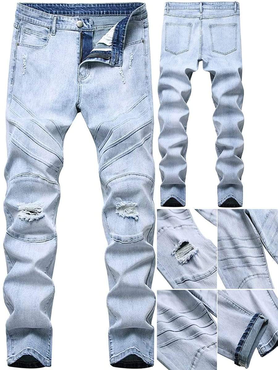 LONGBIDA Destroyed Stretch Skinny Slim Fit Washed Men Ripped Jeans