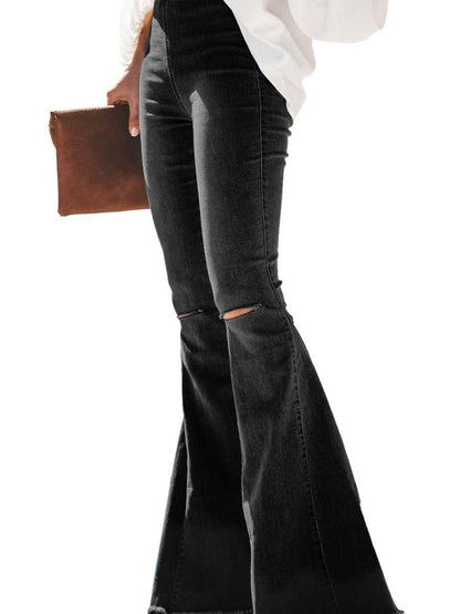 Black / M LONGBIDA Ripped Jeans Flare Leg High Waist For Women